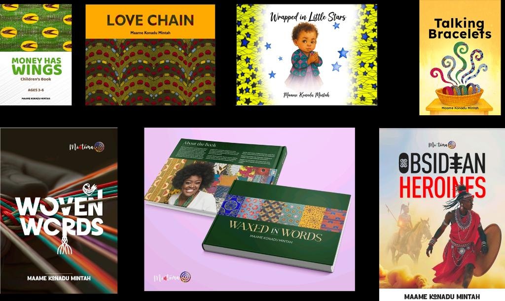 Book covers from the Mintoma collection including Money Has Wings, Love Chain, Wrapped in Little Stars, Talking Bracelets, Woven Words, Waxed in Words, and Obsidian Heroines by Maame Konadu Mintah